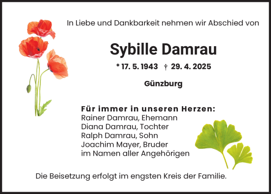 Traueranzeige von Sybille Damrau von Günzburger Zeitung, Mindelheimer Zeitung