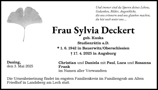 Traueranzeige von Sylvia Deckert von Aichacher Nachrichten, Friedberger Allgemeine