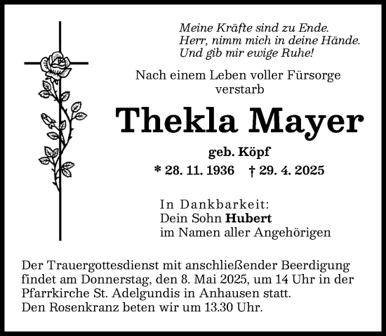 Traueranzeige von Thekla Mayer von Augsburg-Land