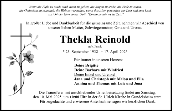 Traueranzeige von Thekla Reinold von Donauwörther Zeitung