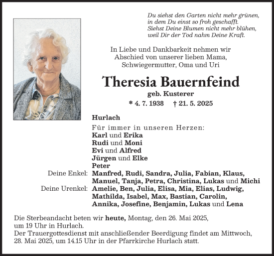 Traueranzeige von Theresia Bauernfeind von Landsberger Tagblatt