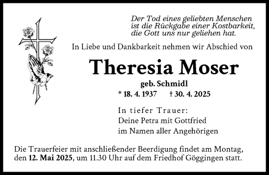 Traueranzeige von Theresia Moser von Augsburger Allgemeine