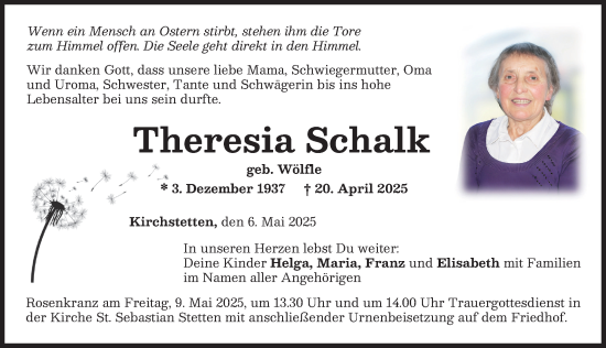 Traueranzeige von Theresia Schalk von Mindelheimer Zeitung