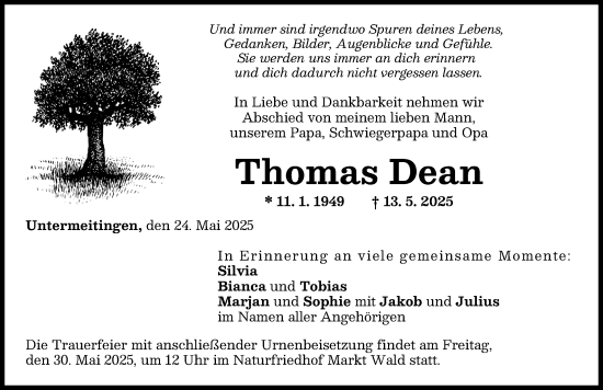 Traueranzeige von Thomas Dean von Schwabmünchner Allgemeine