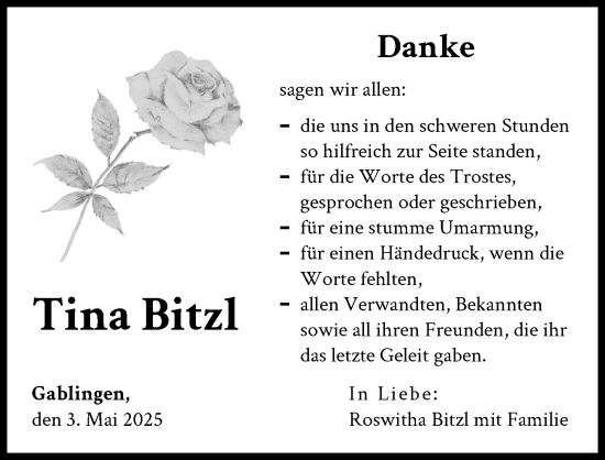 Traueranzeige von Tina Bitzl von Augsburger Allgemeine