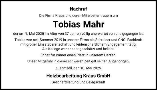 Traueranzeige von Tobias Mahr von Augsburg-Land