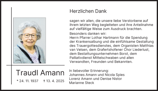 Traueranzeige von Traudl Amann von Neu-Ulmer Zeitung