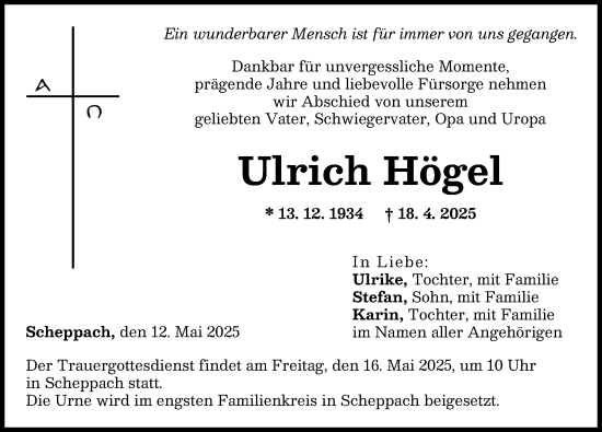 Traueranzeige von Ulrich Högel von Günzburger Zeitung
