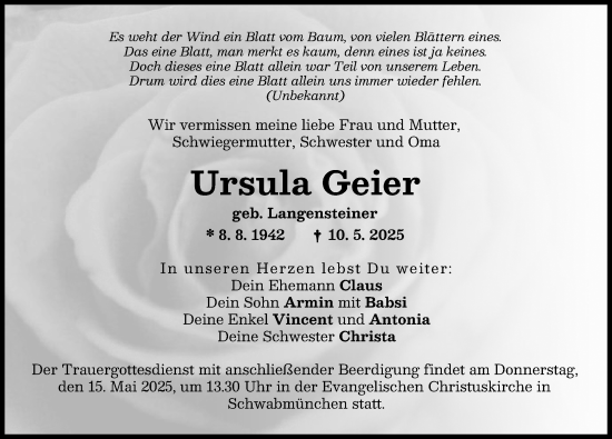 Traueranzeige von Ursula Geier von Schwabmünchner Allgemeine