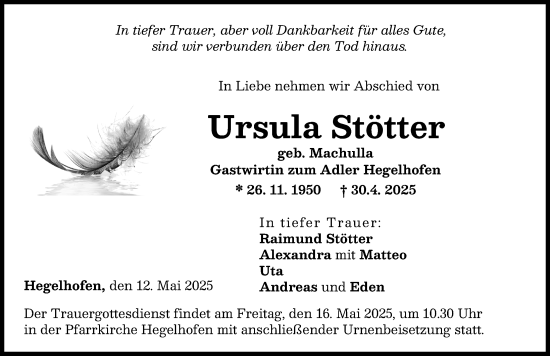 Traueranzeige von Ursula Stötter von Neu-Ulmer Zeitung