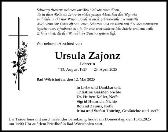Traueranzeige von Ursula Zajonz von Mindelheimer Zeitung
