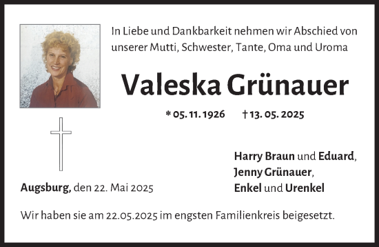 Traueranzeige von Valeska Grünauer von Augsburger Allgemeine