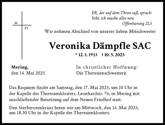 Traueranzeige von Veronika Dämpfle von Friedberger Allgemeine