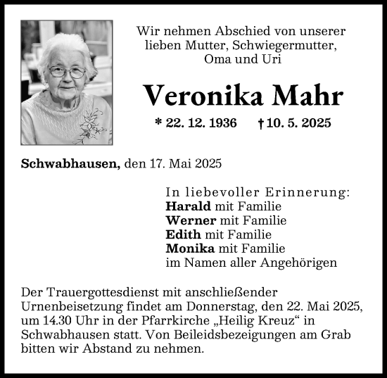Traueranzeige von Veronika Mahr von Landsberger Tagblatt