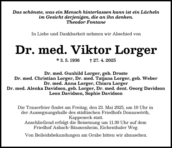 Traueranzeige von Viktor Lorger von Donauwörther Zeitung