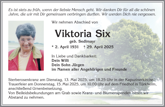 Traueranzeige von Viktoria Six von Mindelheimer Zeitung