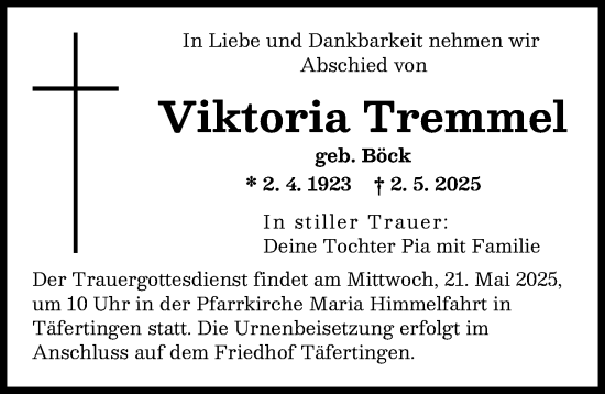 Traueranzeige von Viktoria Tremmel von Augsburger Allgemeine