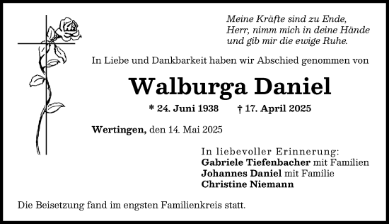 Traueranzeige von Walburga Daniel von Wertinger Zeitung