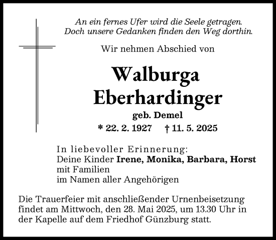 Traueranzeige von Walburga Eberhardinger von Günzburger Zeitung