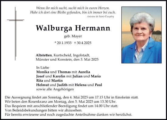 Traueranzeige von Walburga Hermann von Neuburger Rundschau