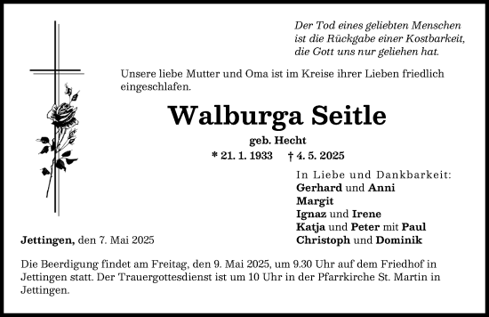 Traueranzeige von Walburga Seitle von Günzburger Zeitung