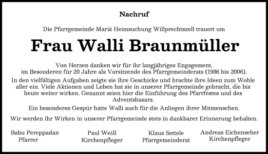 Traueranzeige von Walli Braunmüller von Aichacher Nachrichten