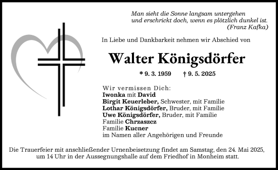 Traueranzeige von Walter Königsdörfer von Donauwörther Zeitung