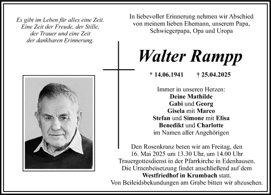 Traueranzeige von Walter Rampp von Mittelschwäbische Nachrichten