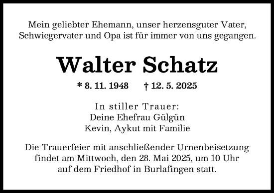 Traueranzeige von Walter Schatz von Neu-Ulmer Zeitung