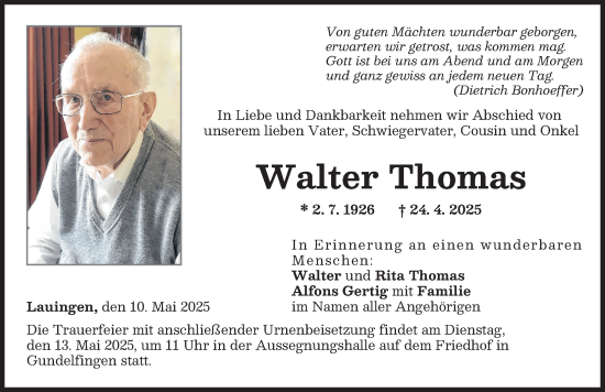 Traueranzeige von Walter Thomas von Donau Zeitung