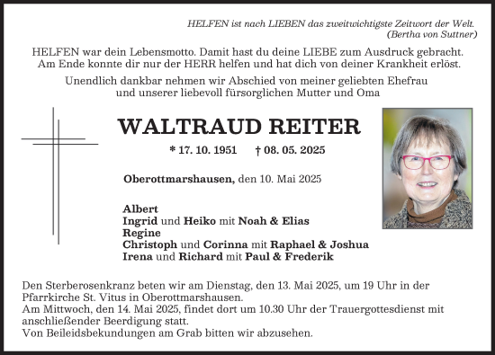 Traueranzeige von Waltraud Reiter von Schwabmünchner Allgemeine