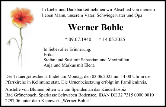 Traueranzeige von Werner Bohle von Illertisser Zeitung