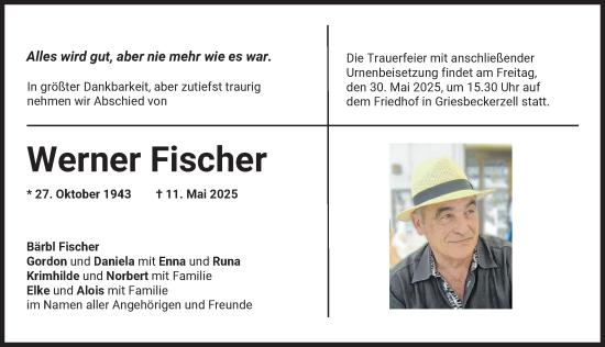Traueranzeige von Werner Fischer von Aichacher Nachrichten, Friedberger Allgemeine