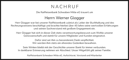 Traueranzeige von Werner Glogger von Mittelschwäbische Nachrichten