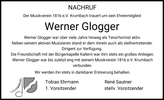 Traueranzeige von Werner Glogger von Mittelschwäbische Nachrichten