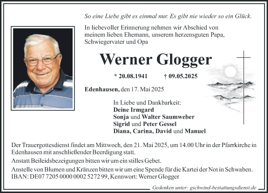 Traueranzeige von Werner Glogger von Mittelschwäbische Nachrichten