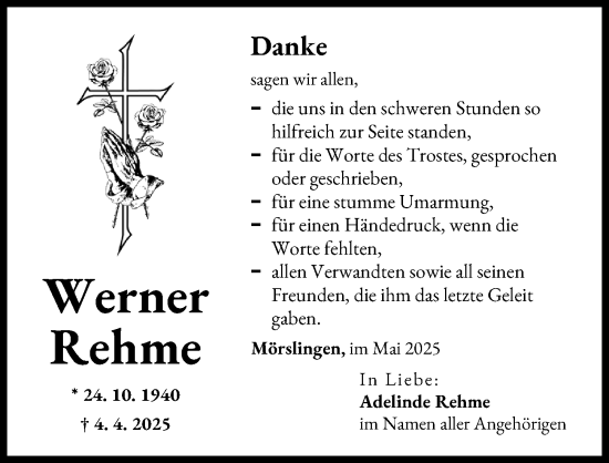 Traueranzeige von Werner Rehme von Donau Zeitung