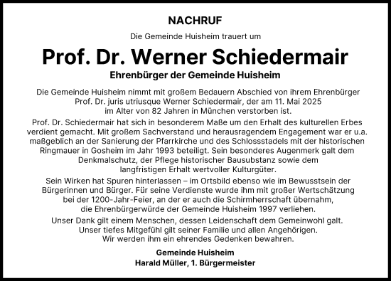 Traueranzeige von Werner Schiedermair von Donauwörther Zeitung