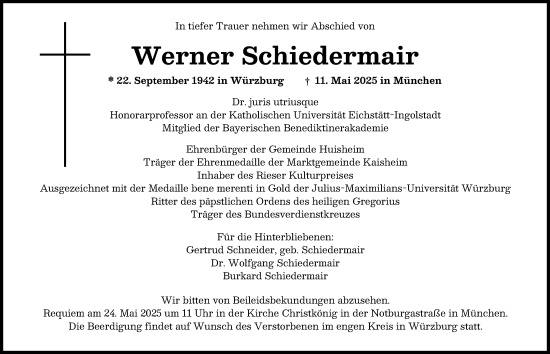 Traueranzeige von Werner Schiedermair von Augsburger Allgemeine