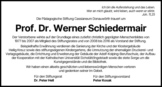 Traueranzeige von Werner Schiedermair von Augsburger Allgemeine, Donauwörther Zeitung