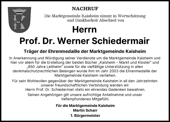 Traueranzeige von Werner Schiedermair von Donauwörther Zeitung