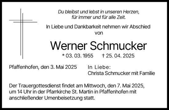 Traueranzeige von Werner Schmucker von Illertisser Zeitung
