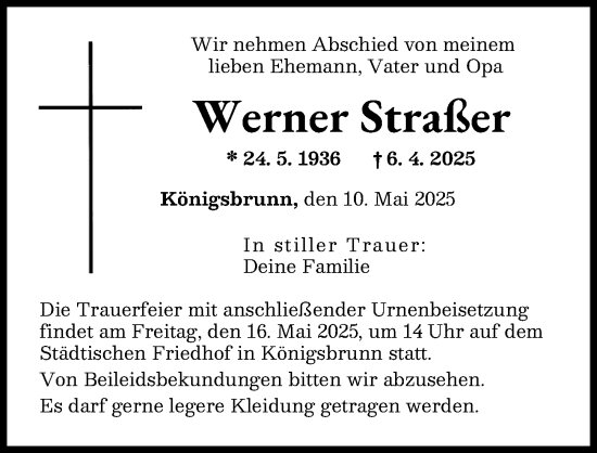 Traueranzeige von Werner Straßer von Schwabmünchner Allgemeine
