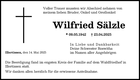 Traueranzeige von Wilfried Sälzle von Illertisser Zeitung