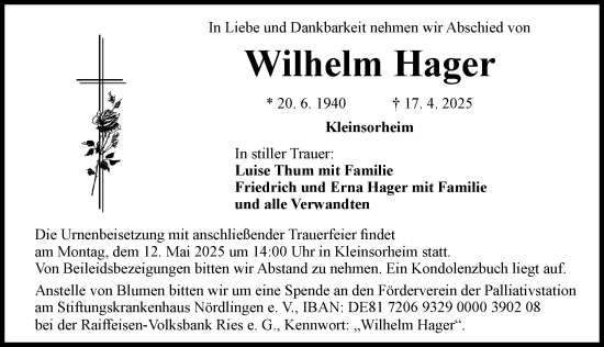 Traueranzeige von Wilhelm Hager von Rieser Nachrichten