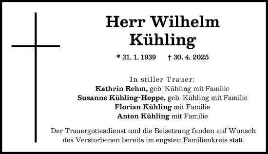 Traueranzeige von Wilhelm Kühling von Augsburger Allgemeine