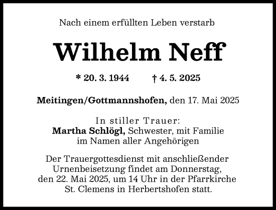 Traueranzeige von Wilhelm Neff von Augsburg-Land, Wertinger Zeitung