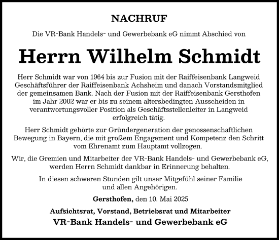 Traueranzeige von Wilhelm Schmidt von Wertinger Zeitung, Augsburg-Land