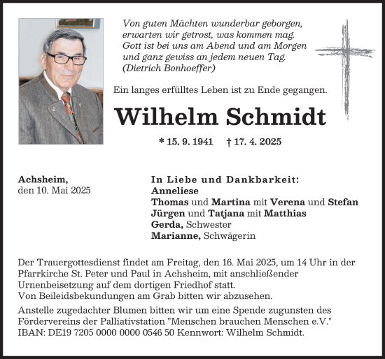 Traueranzeige von Wilhelm Schmidt von Augsburger Allgemeine
