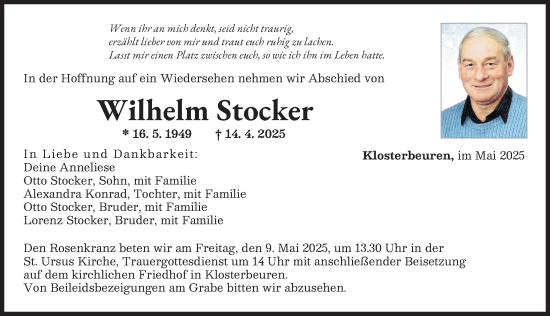Traueranzeige von Wilhelm Stocker von Illertisser Zeitung